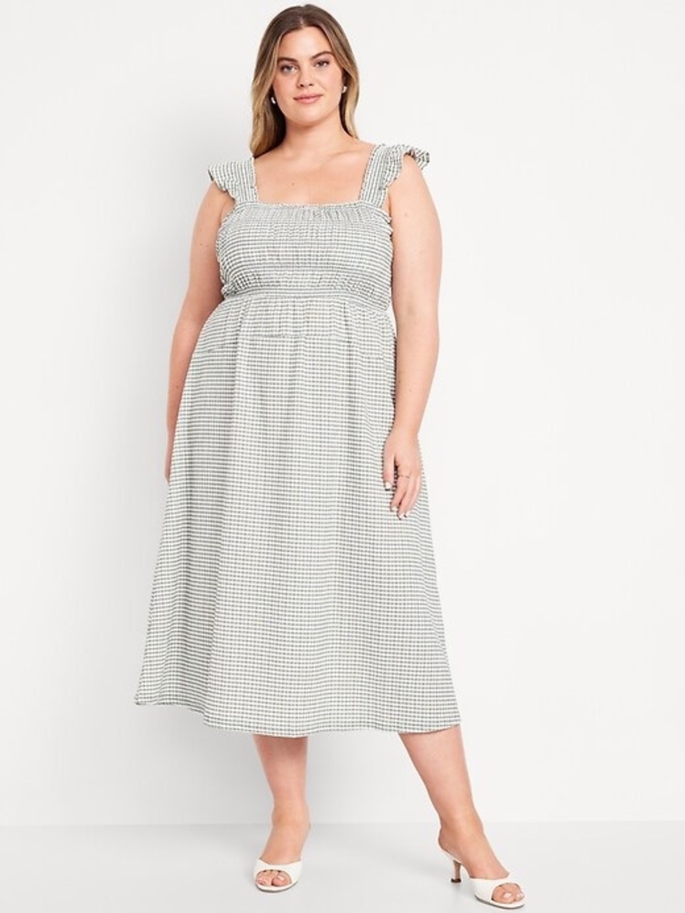 NWOT! Old Navy Fit & Flare Lightweight Smocked Gingham Sage Green Midi Dress XXL - Picture 1 of 10
